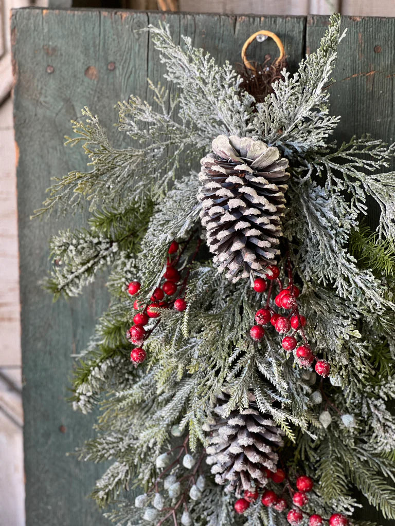 Frosted Pinecone & Berry Teardrop Swag – 31”