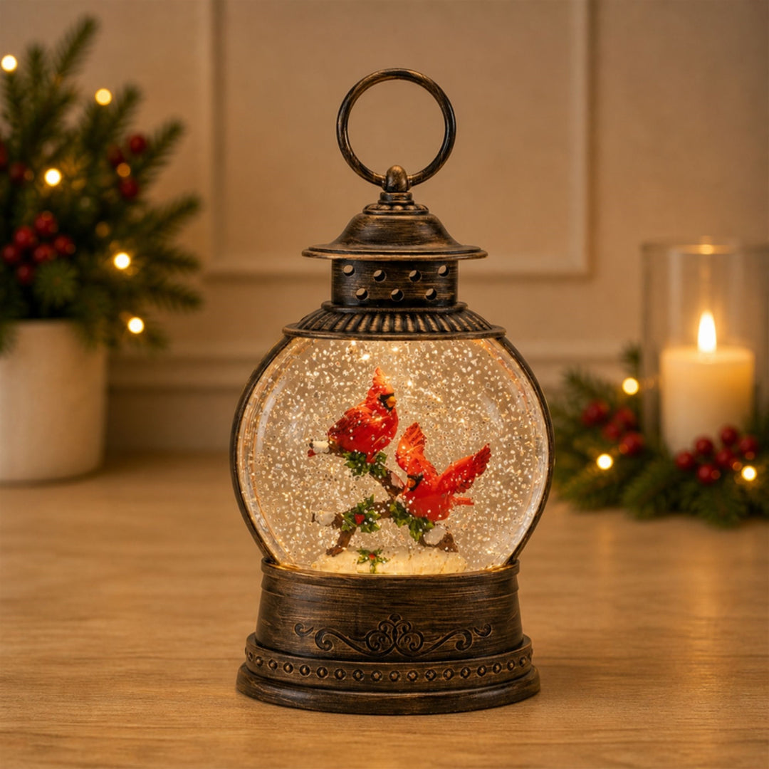 Winter’s Blessing LED Cardinal Snow Globe Lantern – 8″