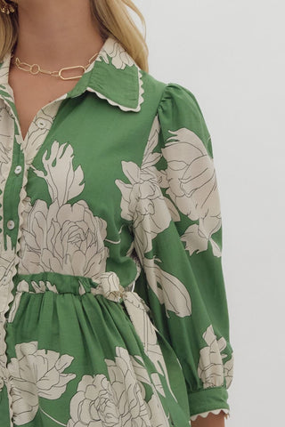 Green Floral Button Up Collared Dress