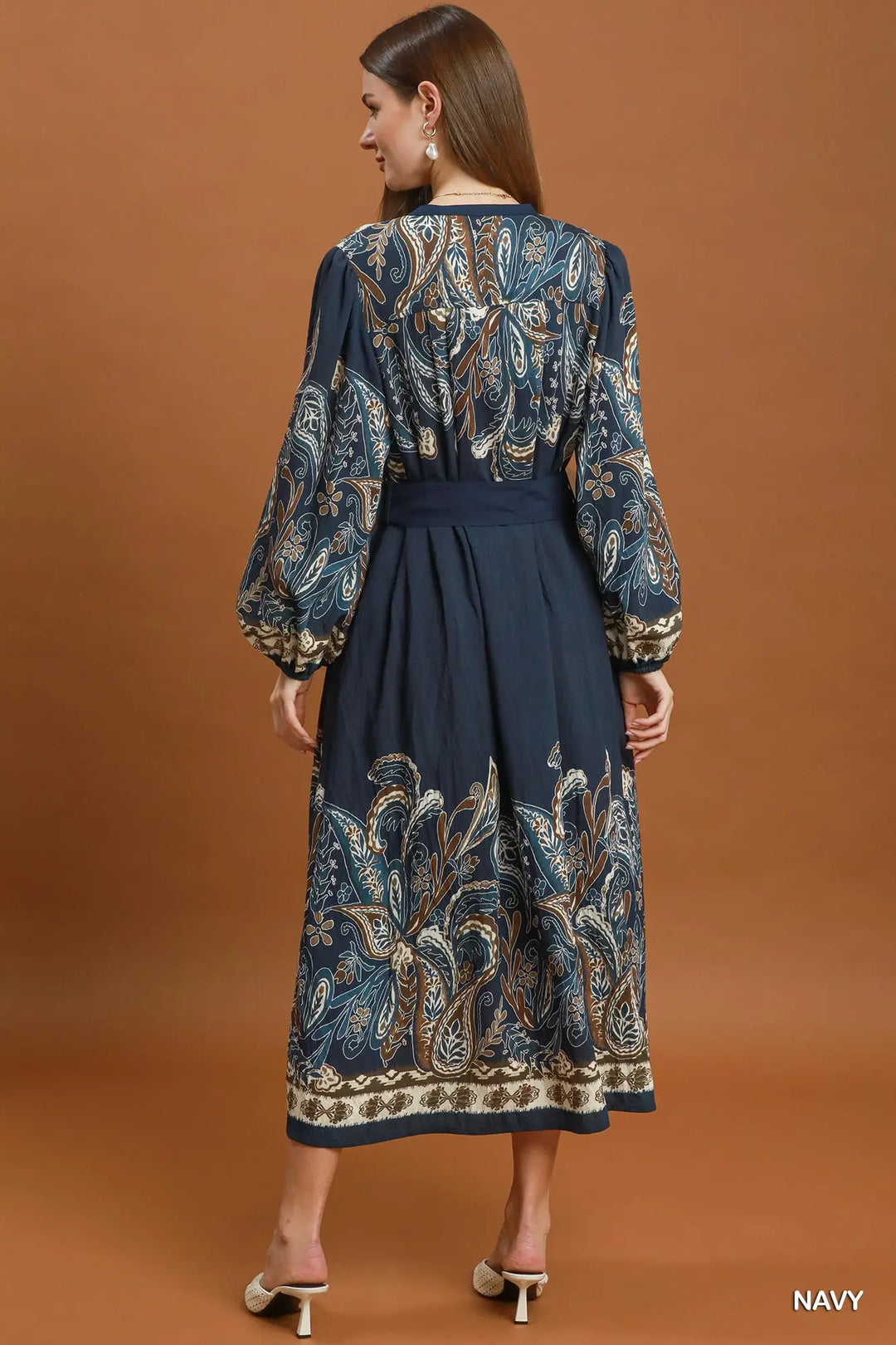 Adeline Paisley Belted Midi Dress – Navy