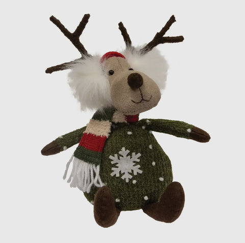 Green Sitting Reindeer with Striped Scarf