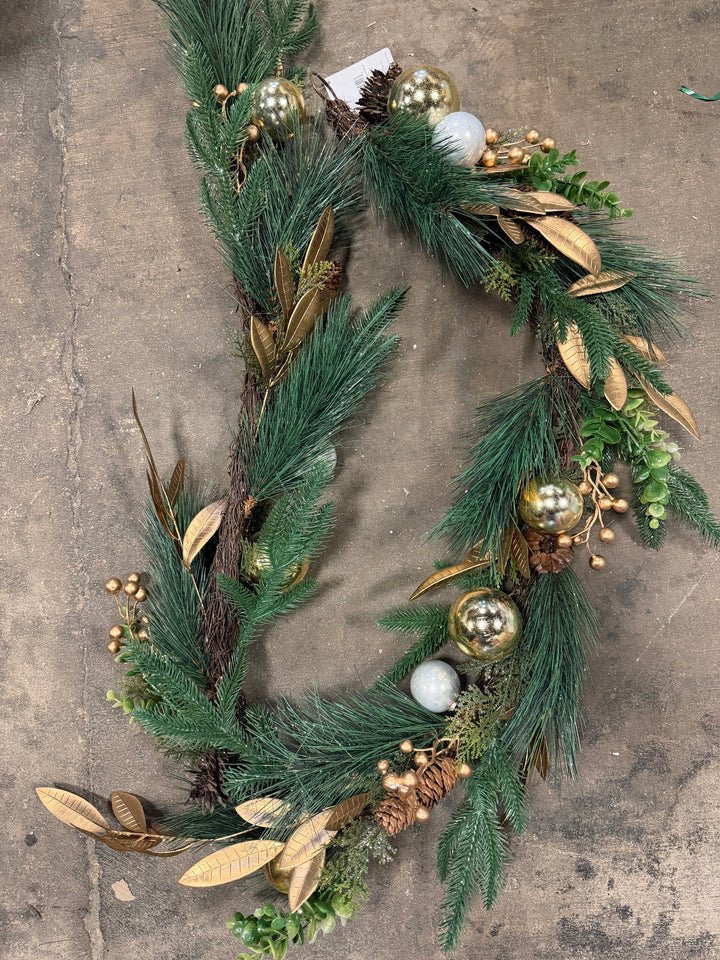 Golden Pine & Ornament Garland – 67”