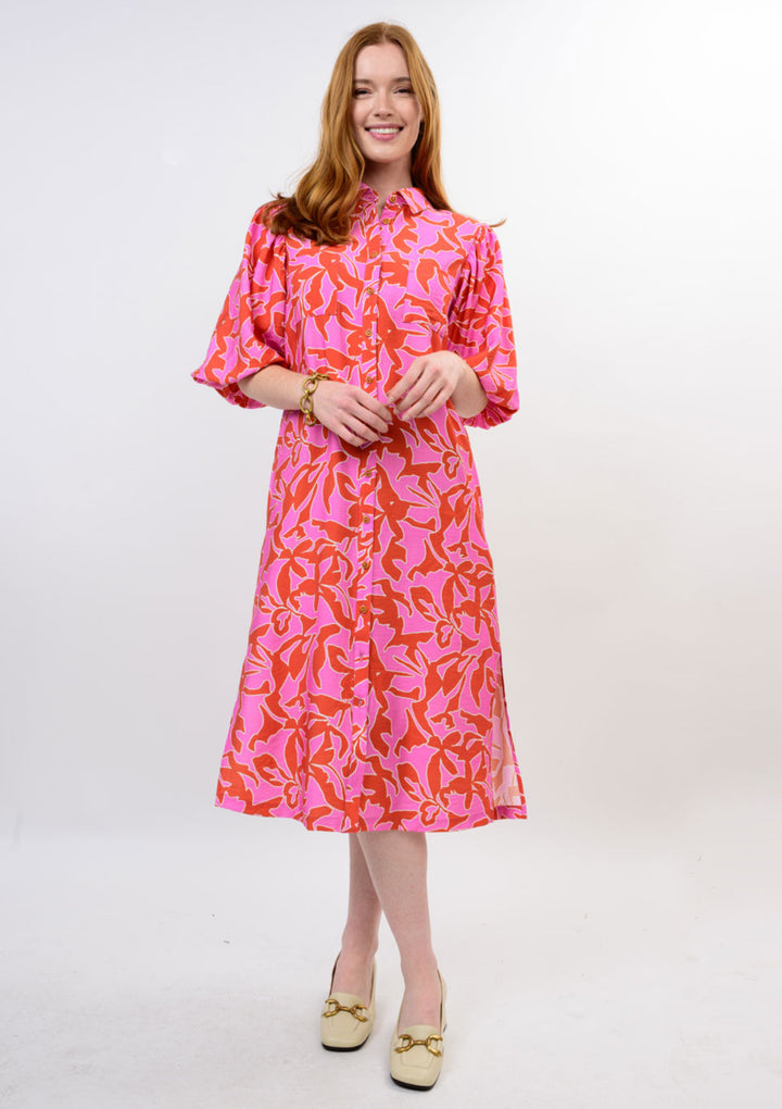 Pink Palms Button-Front Midi Dress