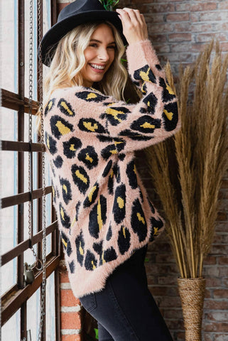 Fuzzy Pink Leopard Sweater