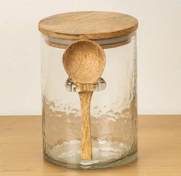 Mango Wood & Hammered Glass Canister with Spoon