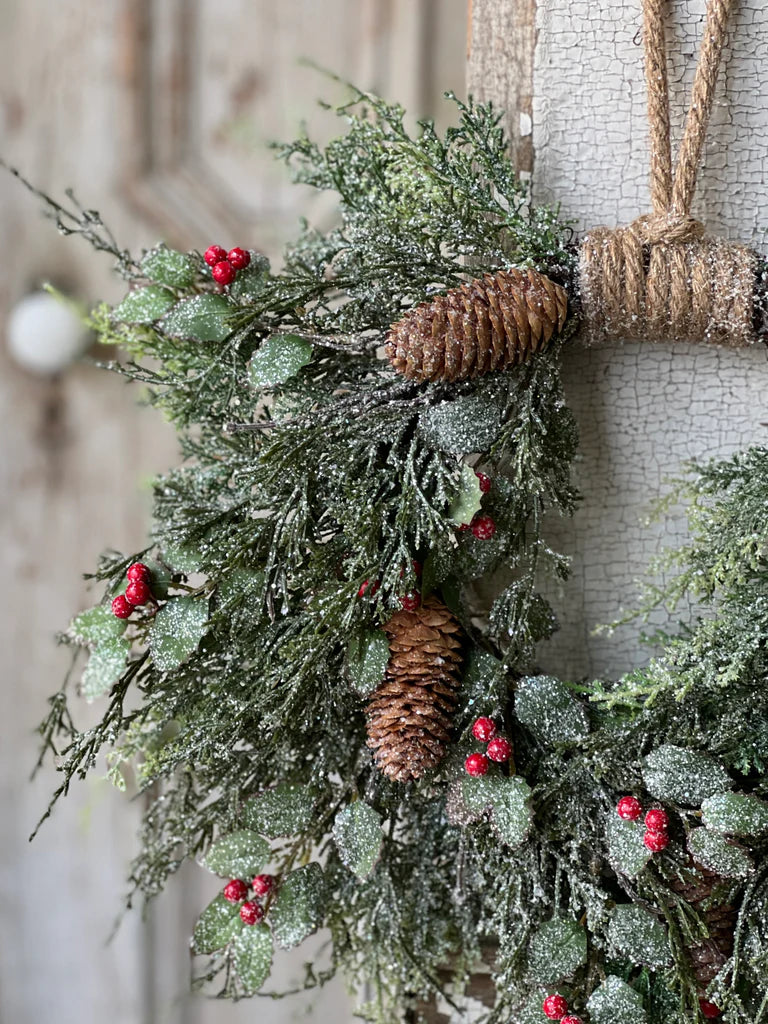 Frosted Pine & Berry Wreath – 20”