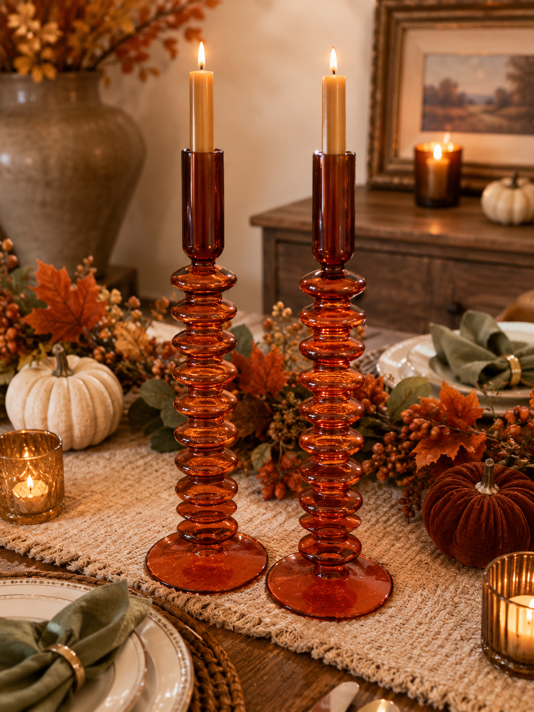 Amber Ribbed Glass Candle Holder Set