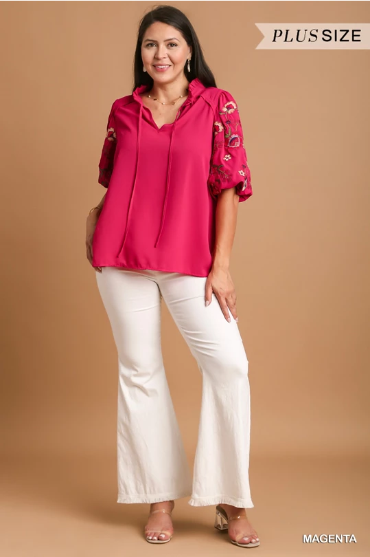 Pink Floral Embroidered Sleeve Top - Plus