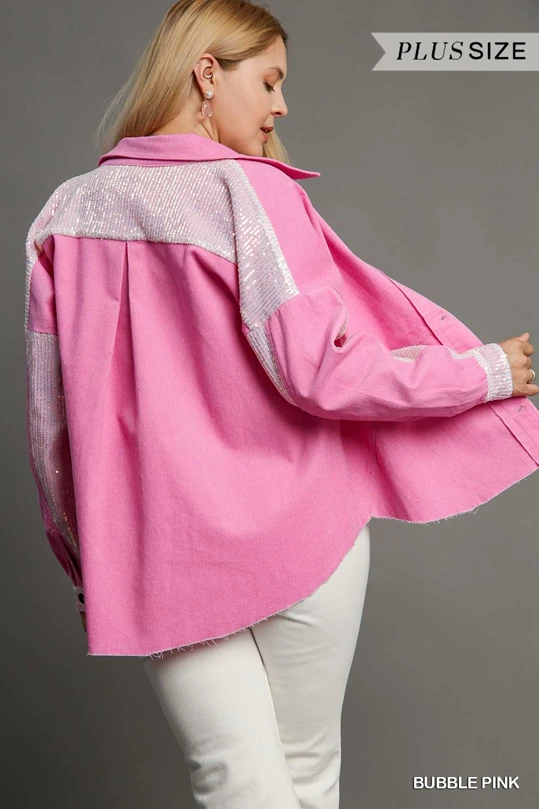 Sequin Sleeve/Back Pink Shacket - Plus