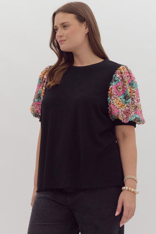 Black Sequin Sleeve Top