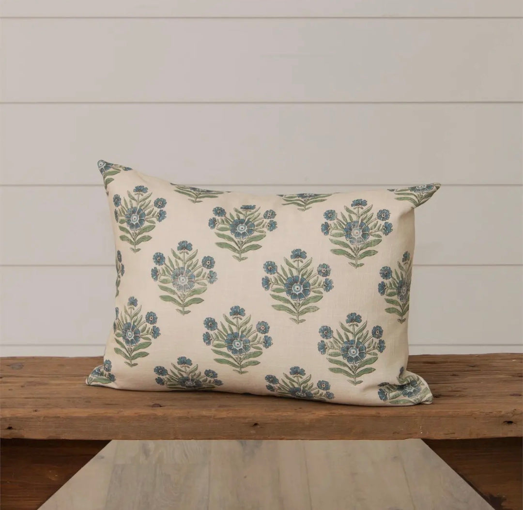 Blue Block Print Garden Lumbar Pillow