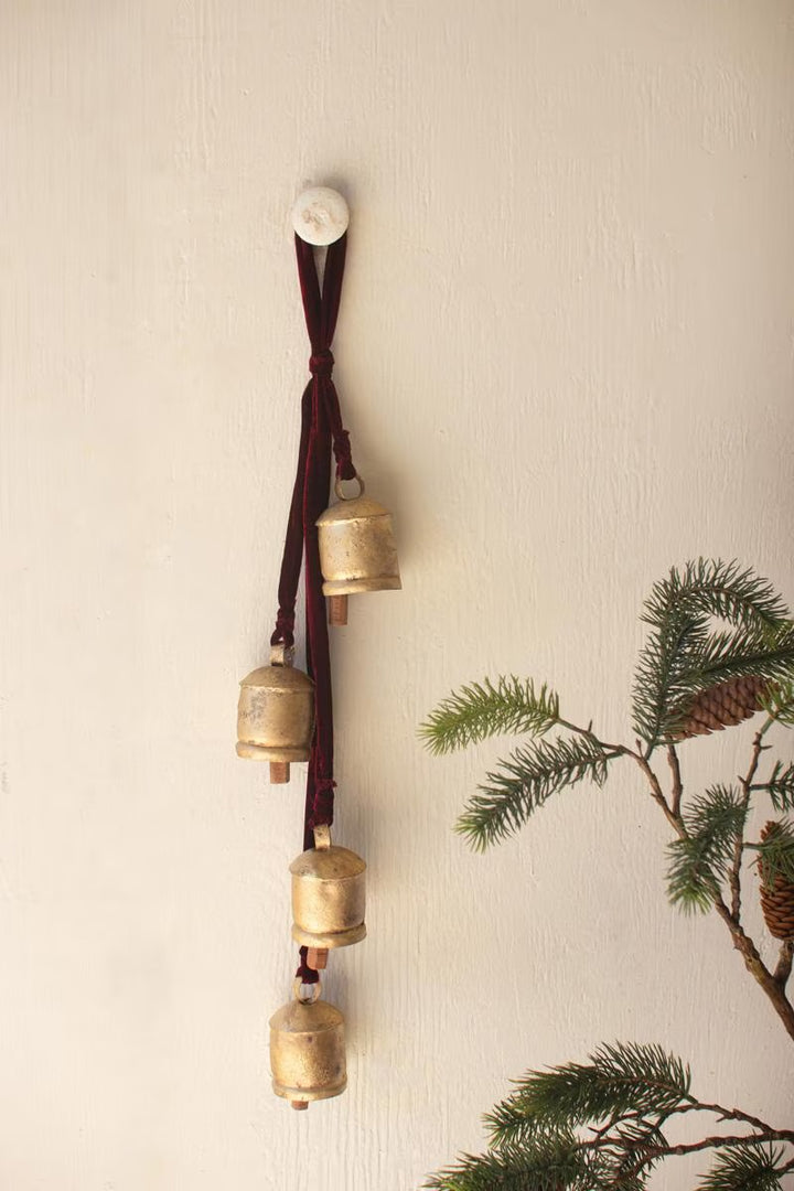 Vintage Brass Farmhouse Bells on Velvet Ribbon