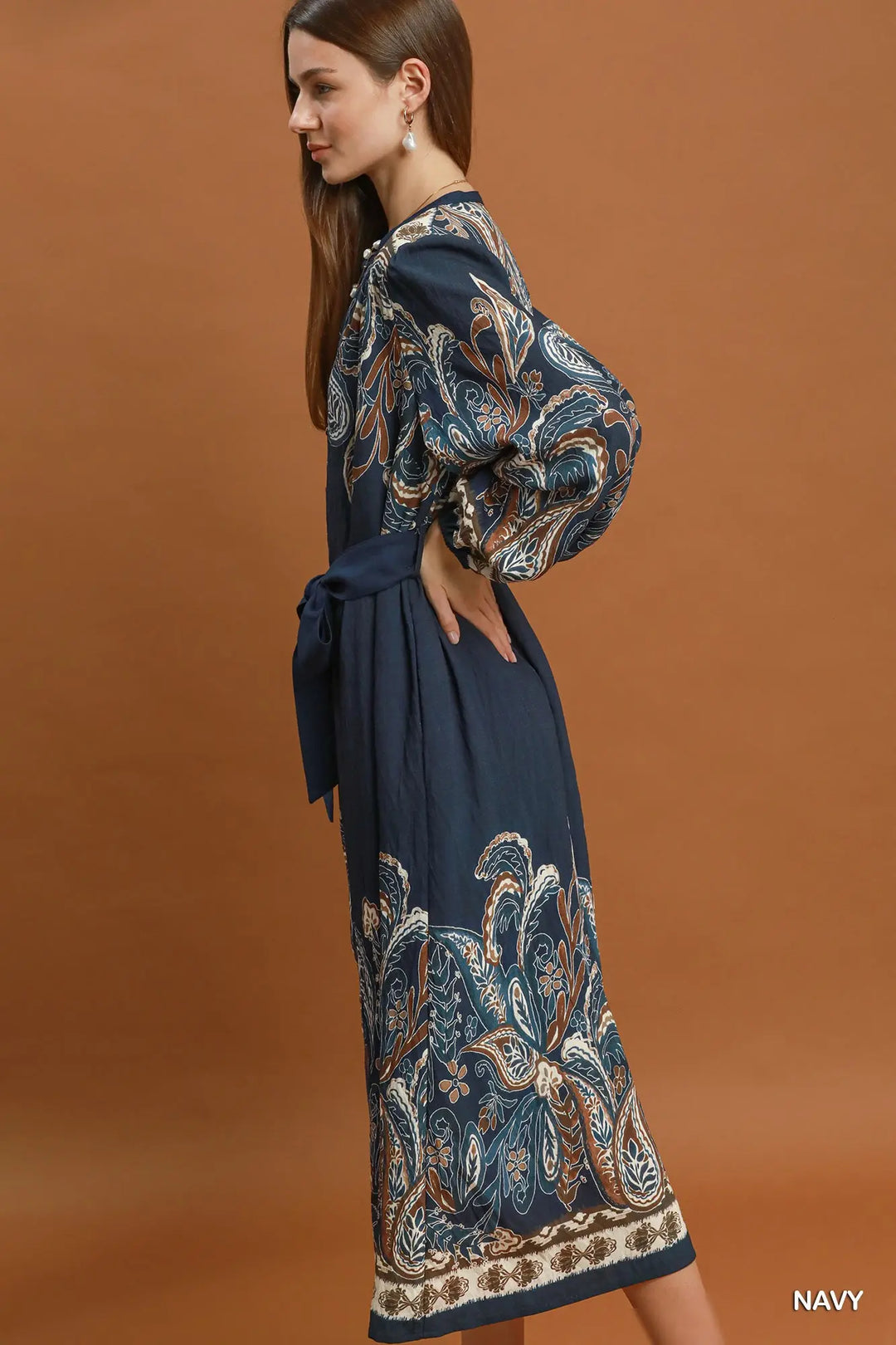 Adeline Paisley Belted Midi Dress – Navy