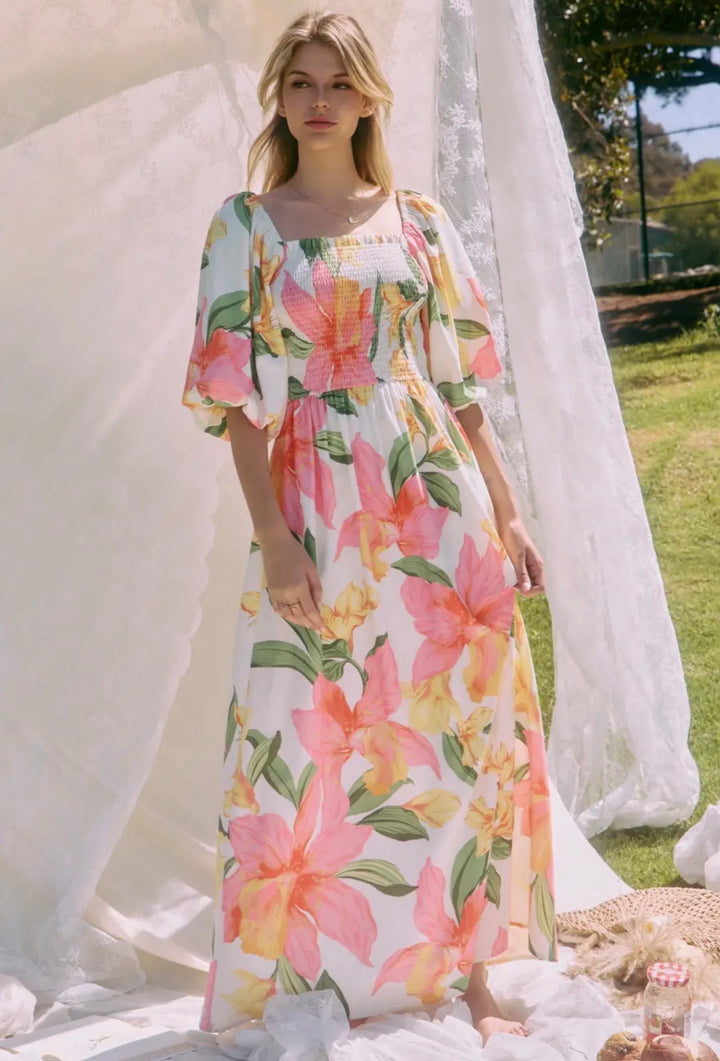 Golden Petal Escape Maxi Dress