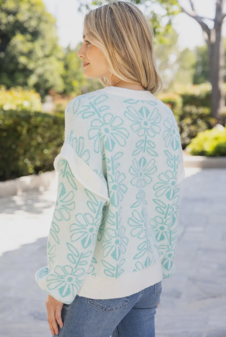 Blue Flowers Ruffle Sleeve Sweater
