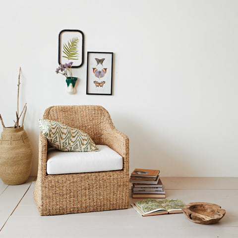 Woven Water Hyacinth & Acacia Wood Chair w/ Removable Cushion