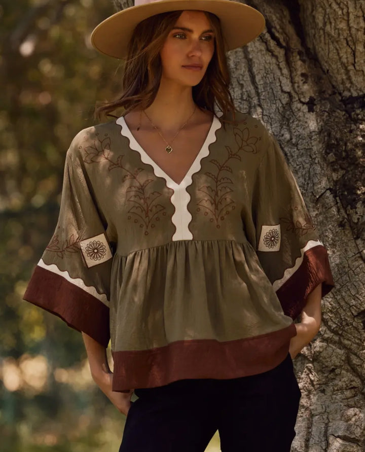Meadow Muse Embroidered Babydoll Top