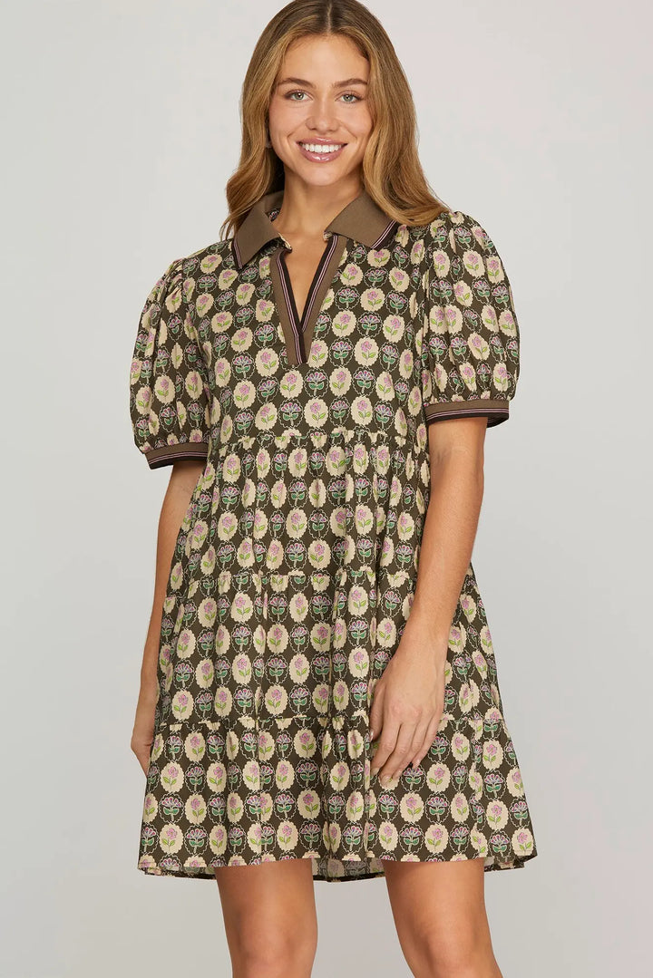 Olive Bloom Collared Babydoll Dress