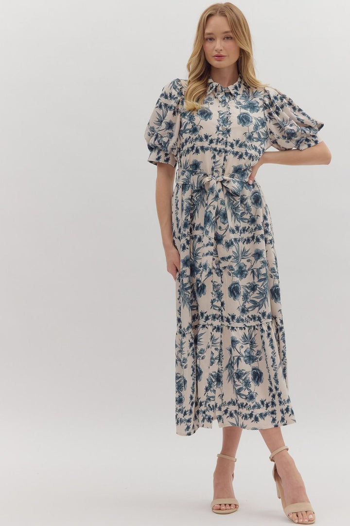 Botanical Toile Belted Midi Dress