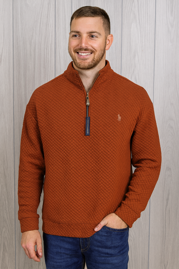 Herringbone Stitch Quarter Zip - Rust