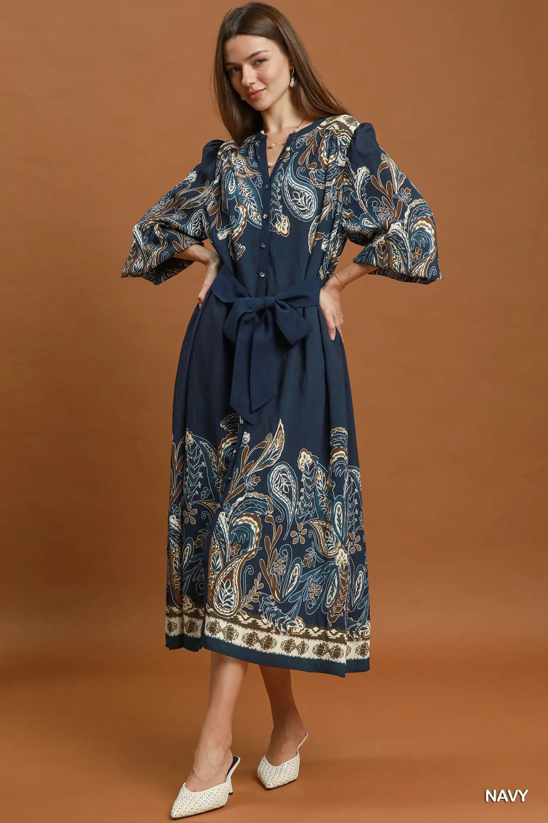 Adeline Paisley Belted Midi Dress – Navy