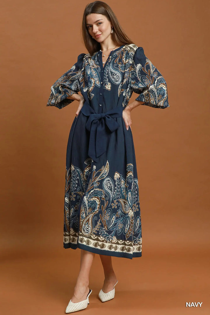 Adeline Paisley Belted Midi Dress – Navy