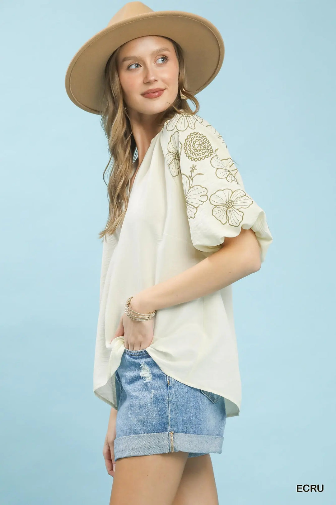 Olive Garden Embroidered Sleeve Top
