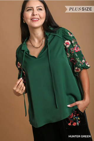 Green Floral Embroidered Sleeve Top - Plus