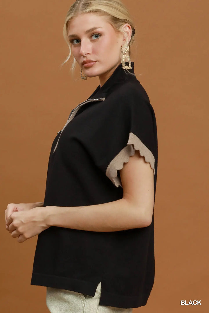 Blaire Contrast Ruffle Sleeve Top – Black