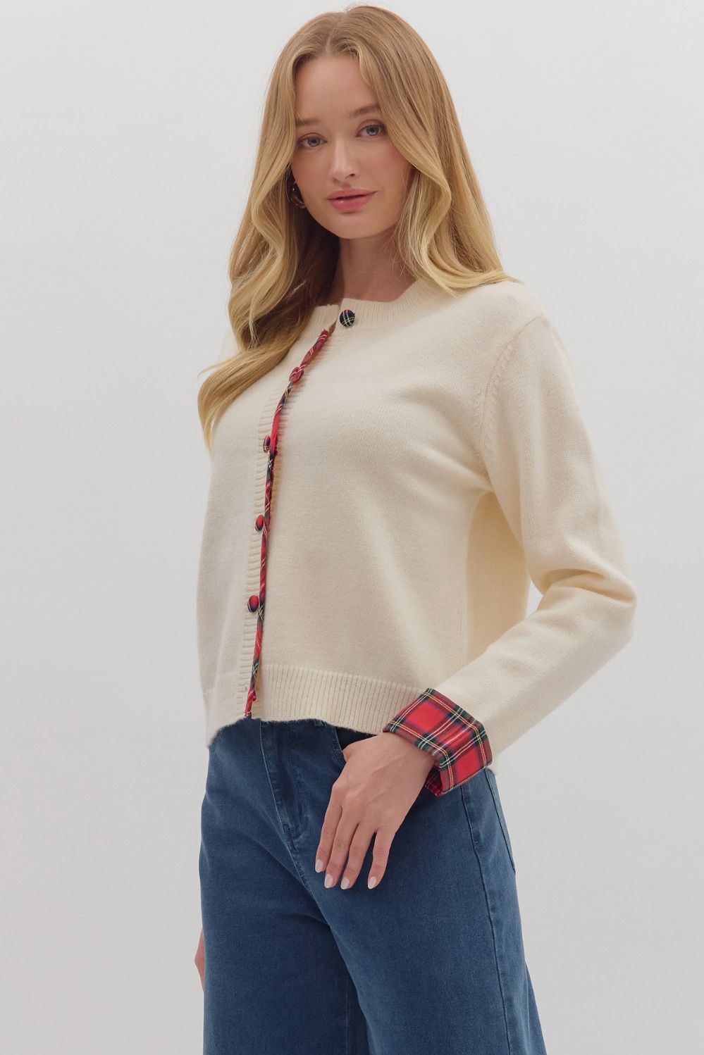 Plaid Trim Button Sweater