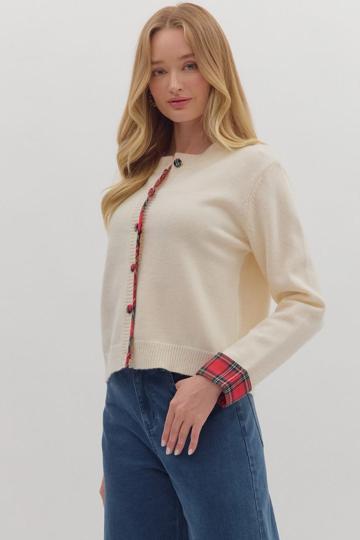 Plaid Trim Button Sweater
