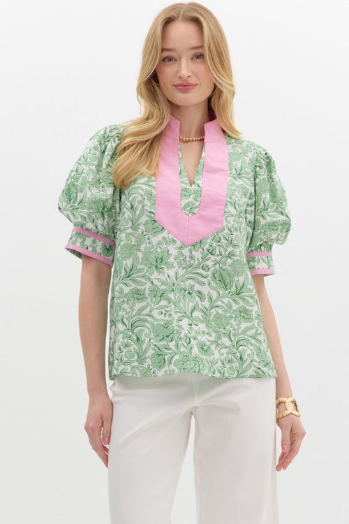 Adorable Green Floral Top with Pink Detail