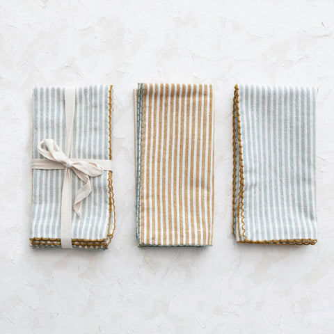 Set of 4 Green/Yellow Striped Edged Napkins