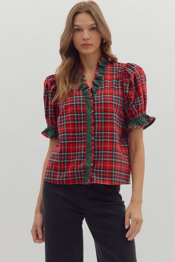 Merry & Bright Plaid Ruffle Blouse