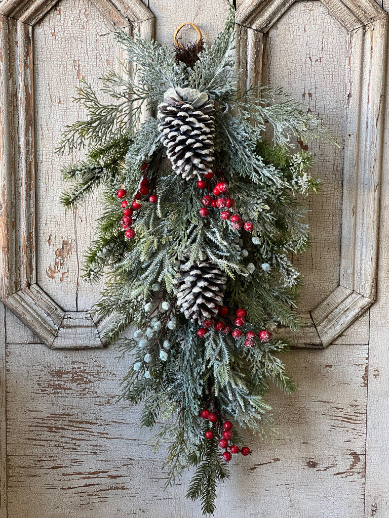 Frosted Pinecone & Berry Teardrop Swag – 31”