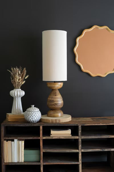 Mango Wood Table Lamp with Cylinder Fabric Shade