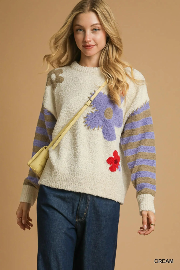 Flower Power Striped Sleeve Sweater