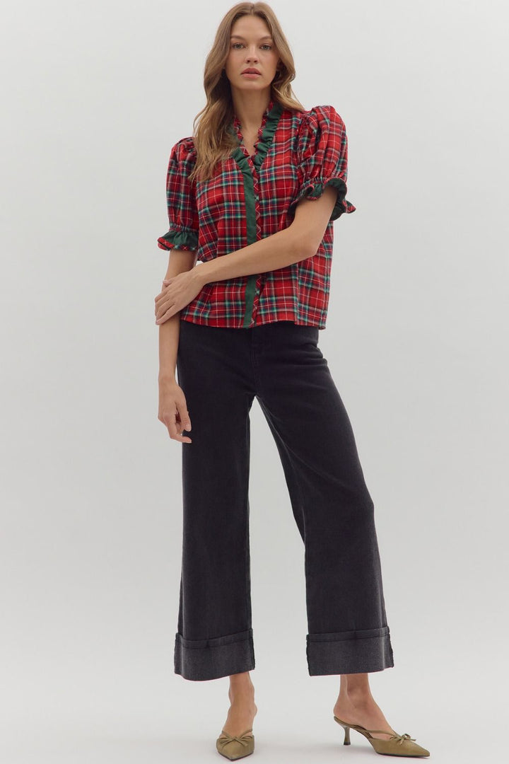 Merry & Bright Plaid Ruffle Blouse