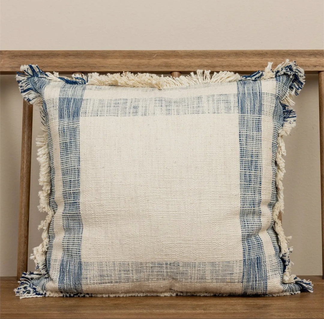 Cream & Blue Windowpane Fringe Pillow