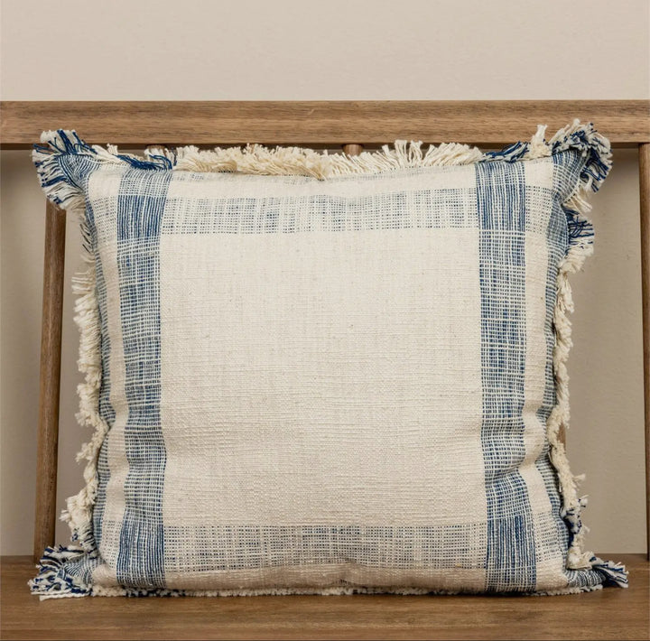 Cream & Blue Windowpane Fringe Pillow