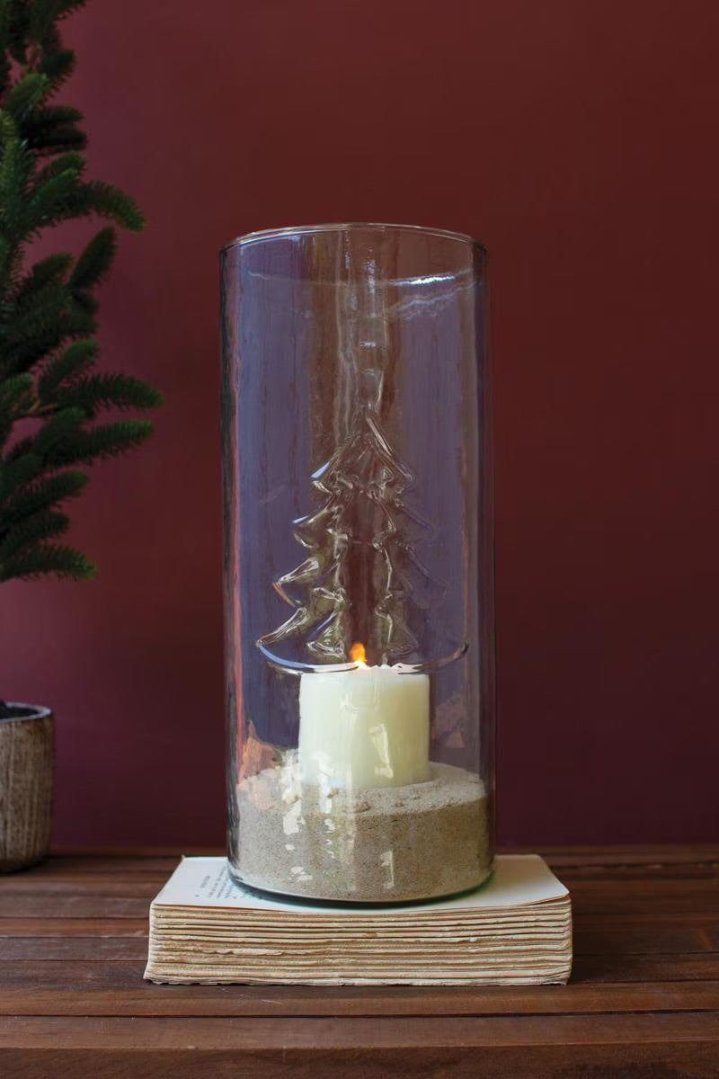 Evergreen Etched Glass Hurricane – 13.5” Tall
