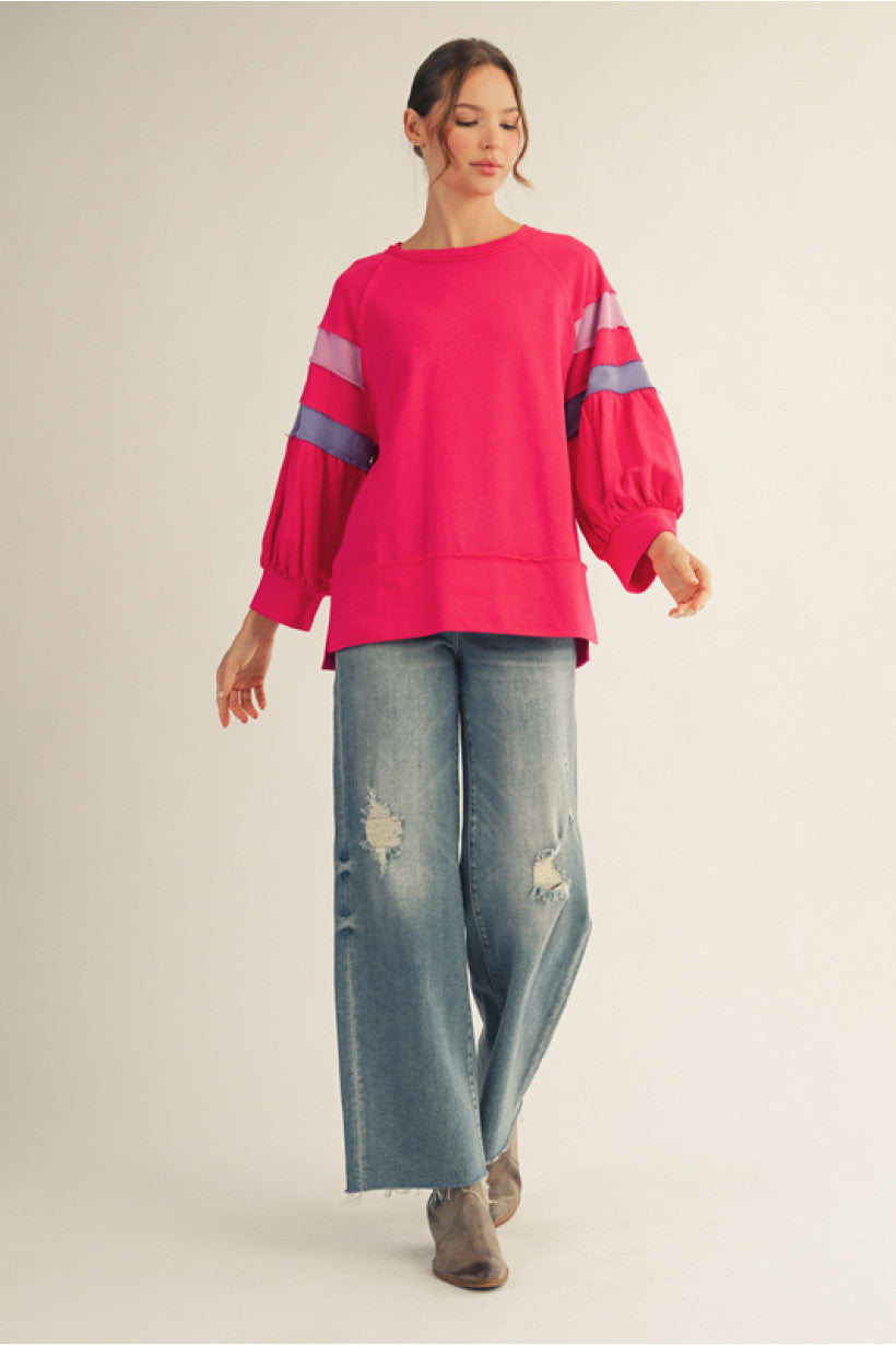 Colorblock Puff Sleeve Sweatshirt – Berry Pop