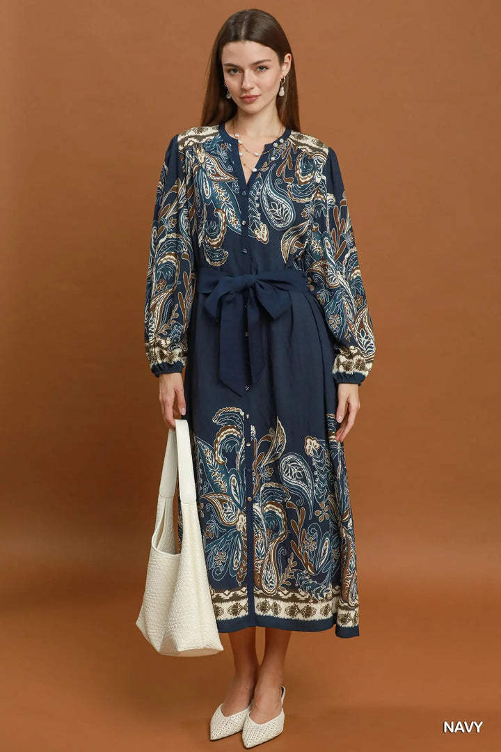 Adeline Paisley Belted Midi Dress – Navy