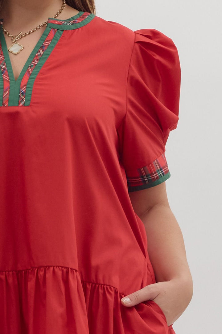Holiday Plaid Trim Puff Sleeve Dress – Plus Size