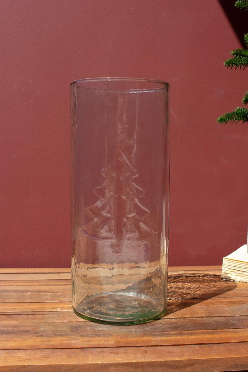 Evergreen Etched Glass Hurricane – 13.5” Tall