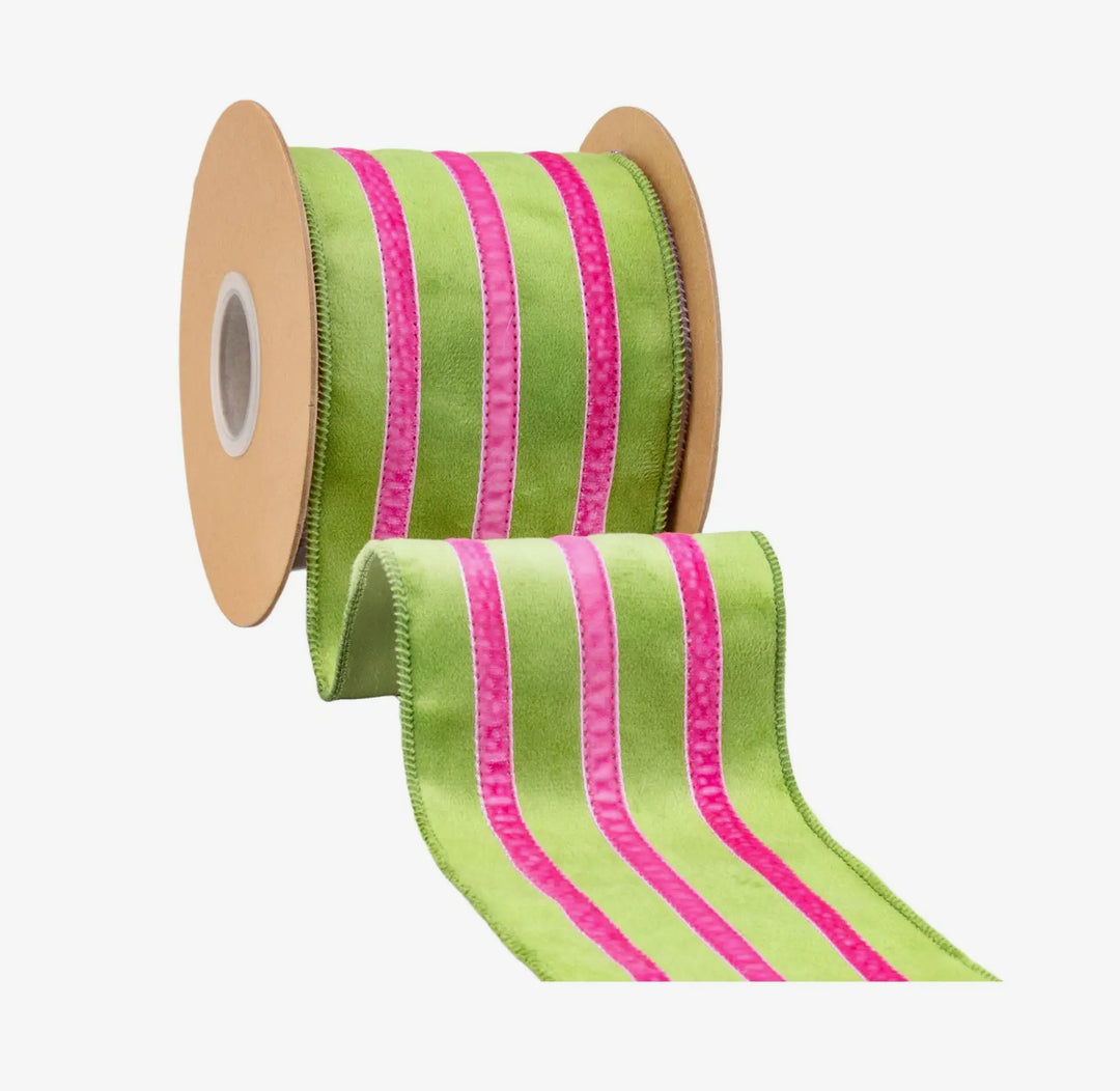 Lime & Pink Stripe Wired Velvet Ribbon