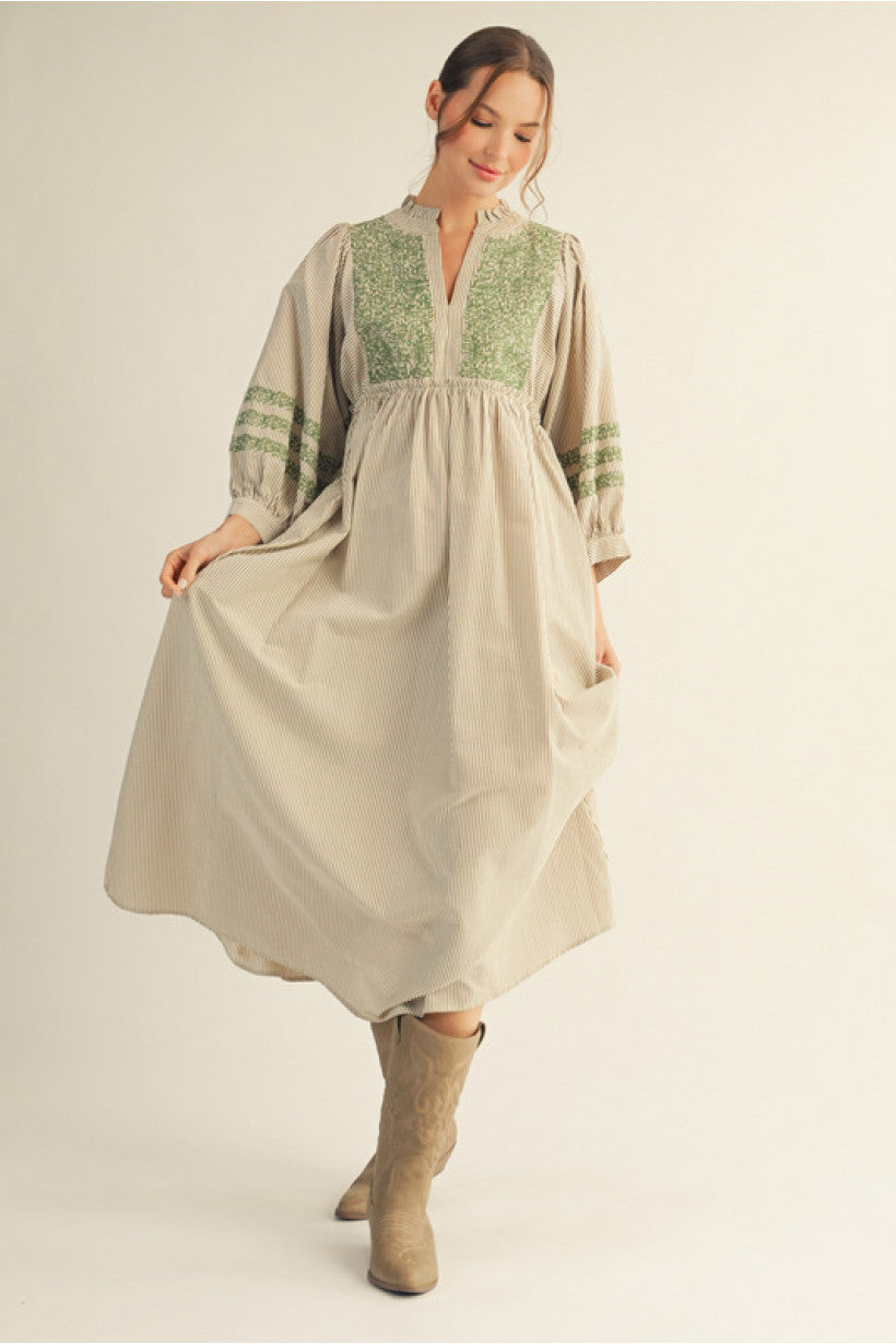 Harvest Stripe Embroidered Midi Dress