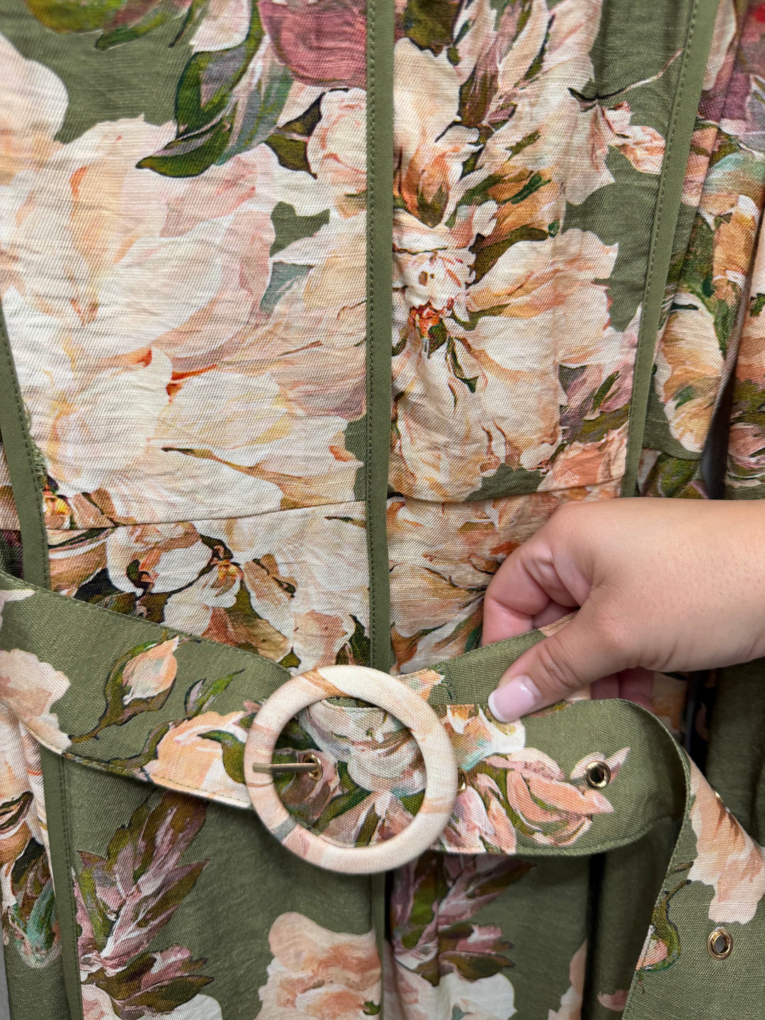 Olive Peony Belted Maxi Dress