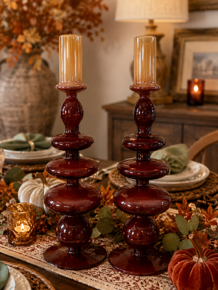 Burgundy Glass Candle Holder Set