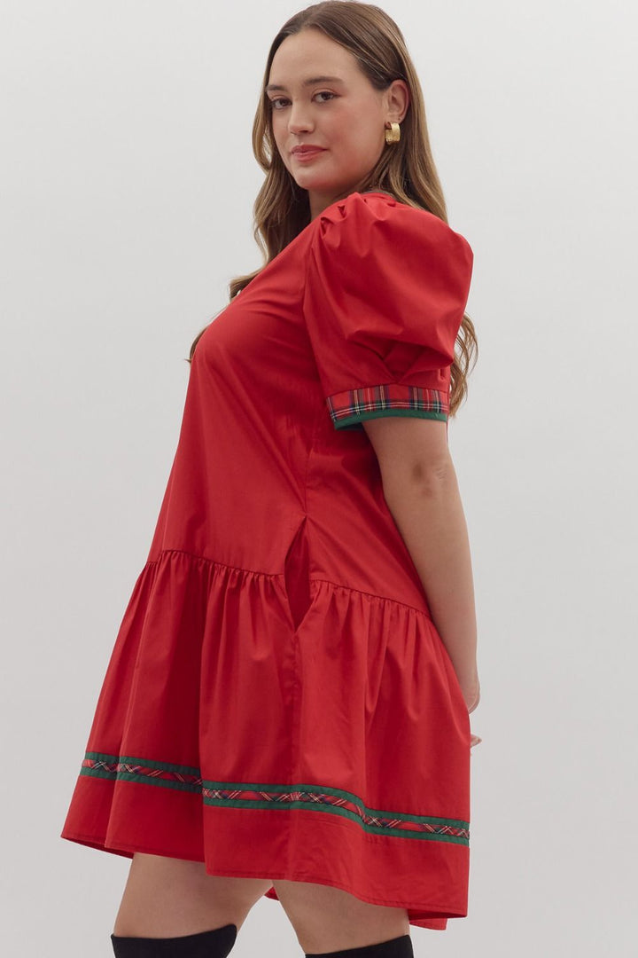 Holiday Plaid Trim Puff Sleeve Dress – Plus Size